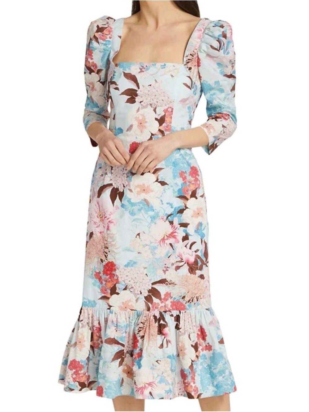 Cara Cara Floral Midi Dress in Light Blue, Pink, Brown